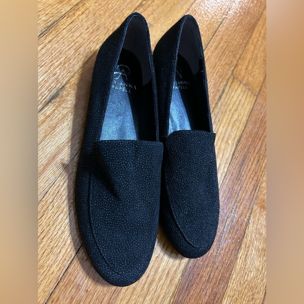 Adrianna Papell ‎ Loafer Black Leather Studded Heel Almond Toe Shoe Size 8